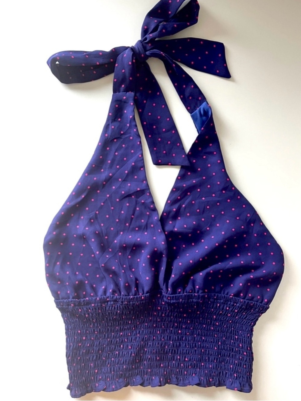 Love Tree Deep Blue Pink Polka Dot Smocked Halter Crop Top Size M